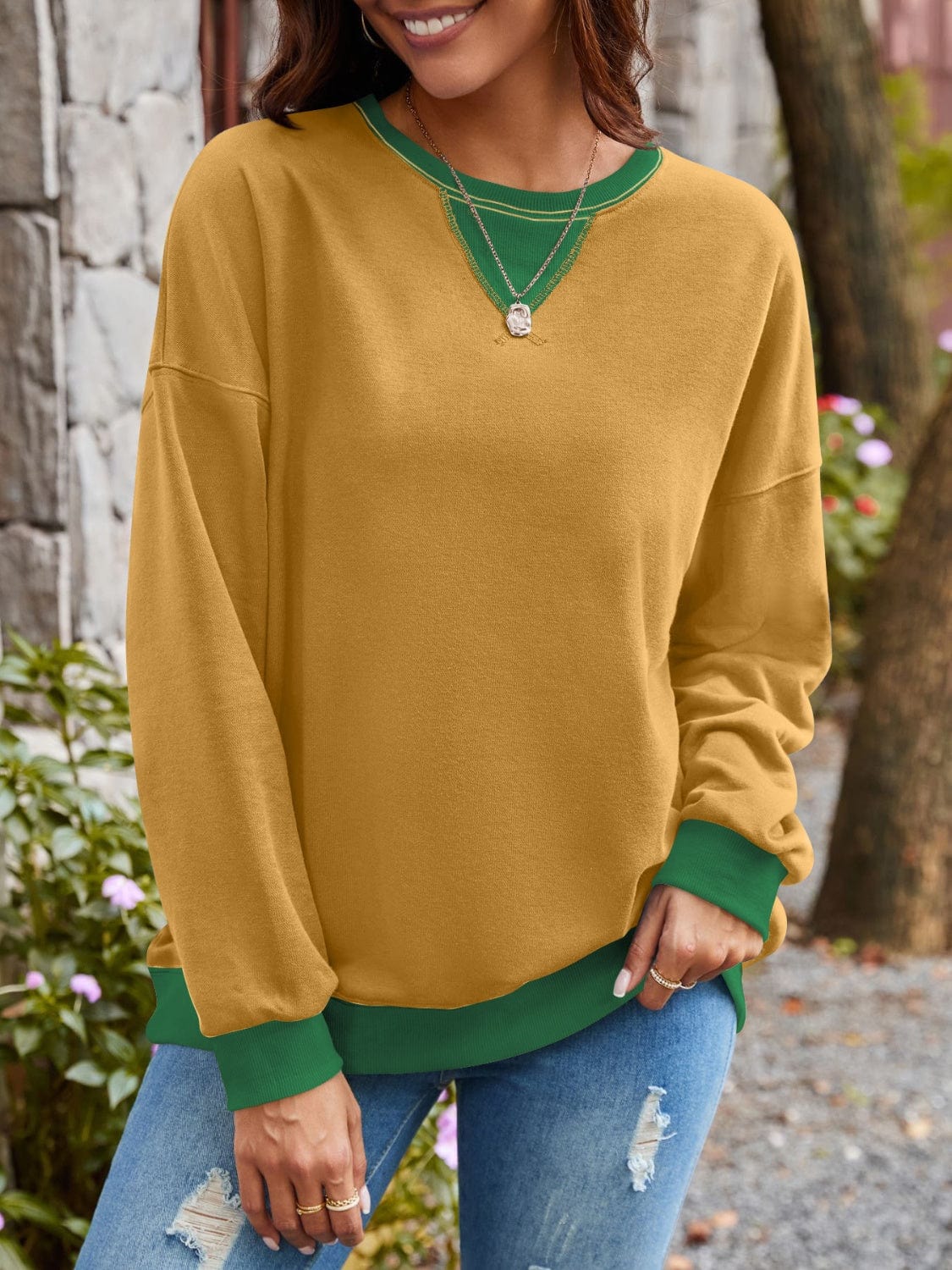 Trendsi Fall Mustard / S Contrast Round Neck Long Sleeve Sweatshirt Contrast Round Neck Long Sleeve Sweatshirt
