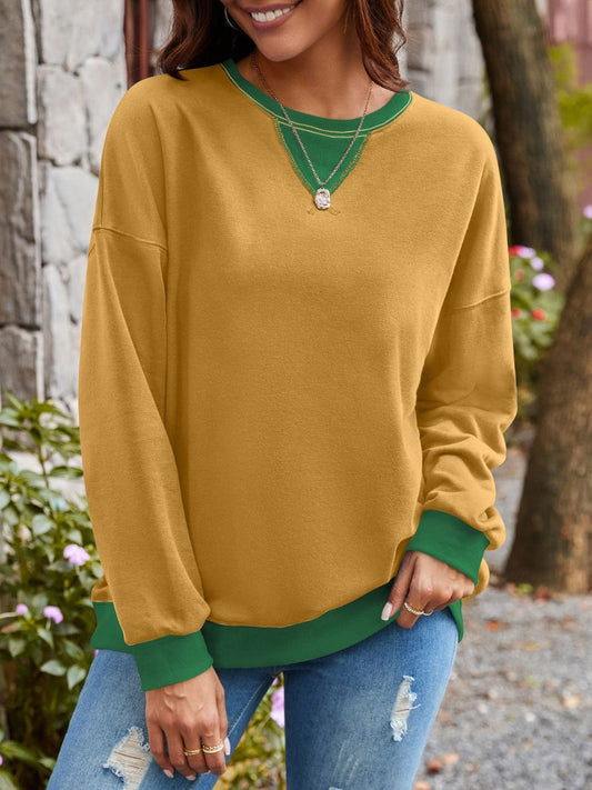 Trendsi Fall Mustard / S Contrast Round Neck Long Sleeve Sweatshirt Contrast Round Neck Long Sleeve Sweatshirt