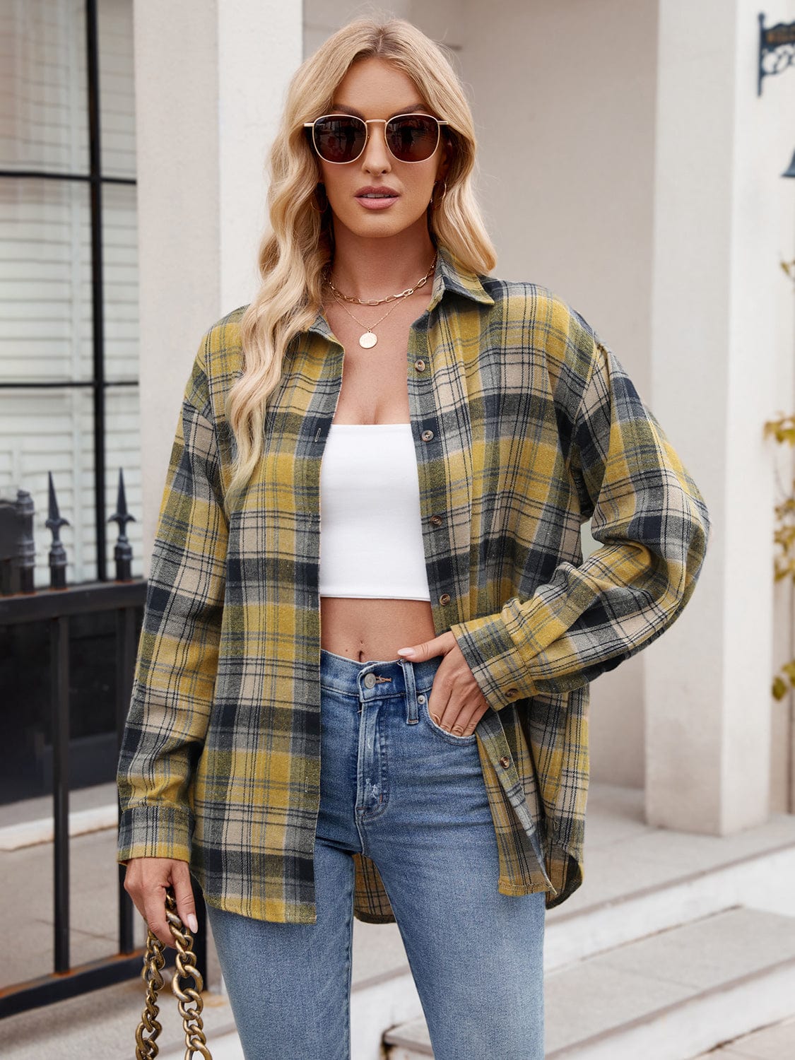 Trendsi Fall Mustard / S Pocketed Plaid Collared Neck Long Sleeve Shirt Pocketed Plaid Collared Neck Long Sleeve Shirt