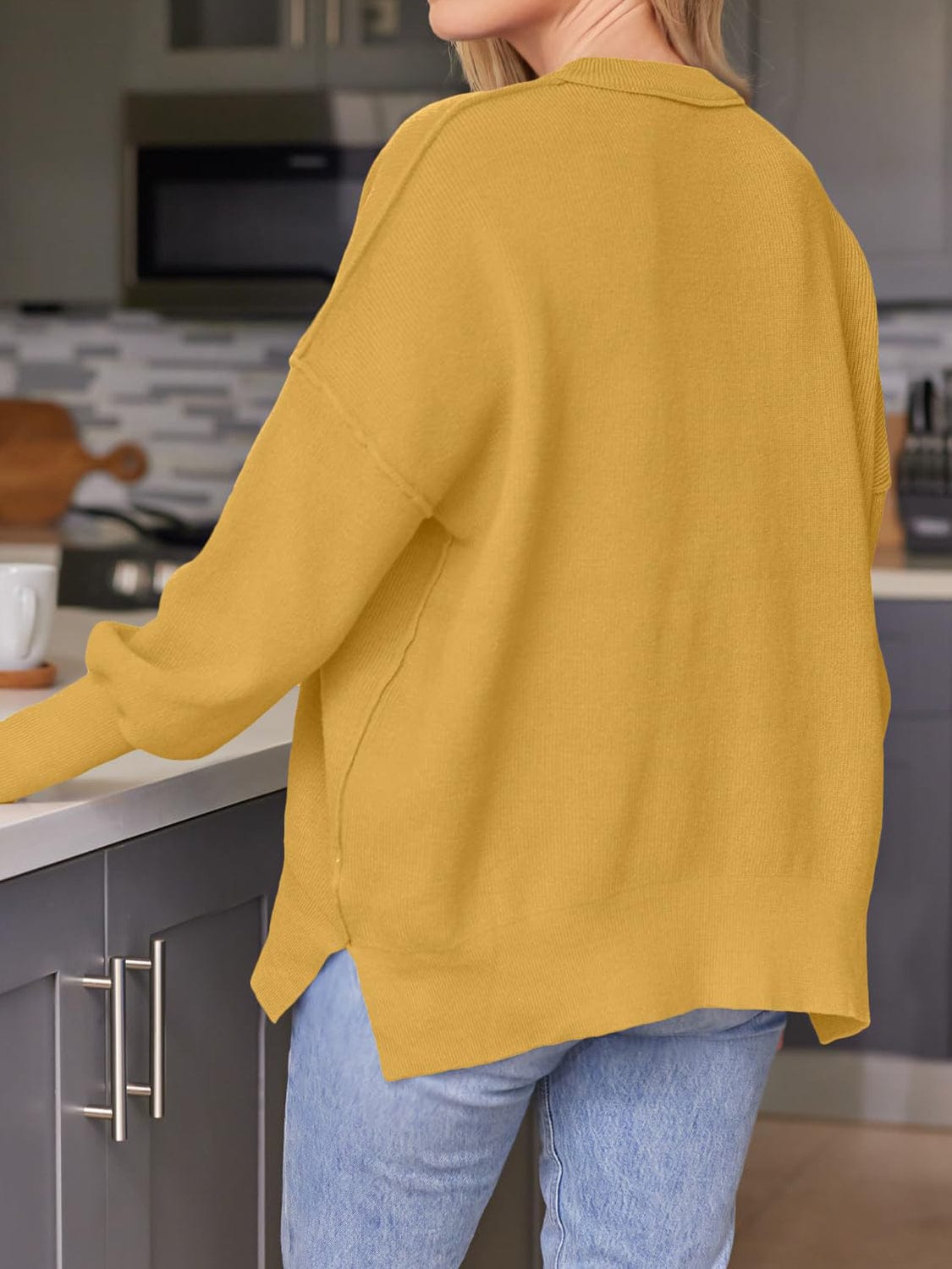 Trendsi Fall Mustard / S Slit Round Neck Dropped Shoulder Sweater Slit Round Neck Dropped Shoulder Sweater