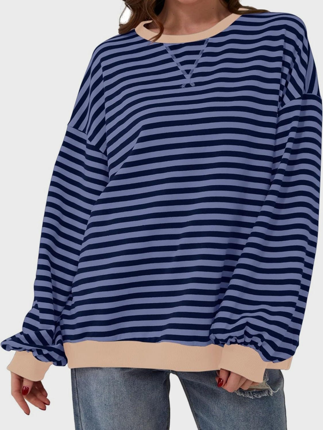 Trendsi Fall Navy / S Contrast Striped Long Sleeve Sweatshirt Contrast Striped Long Sleeve Sweatshirt