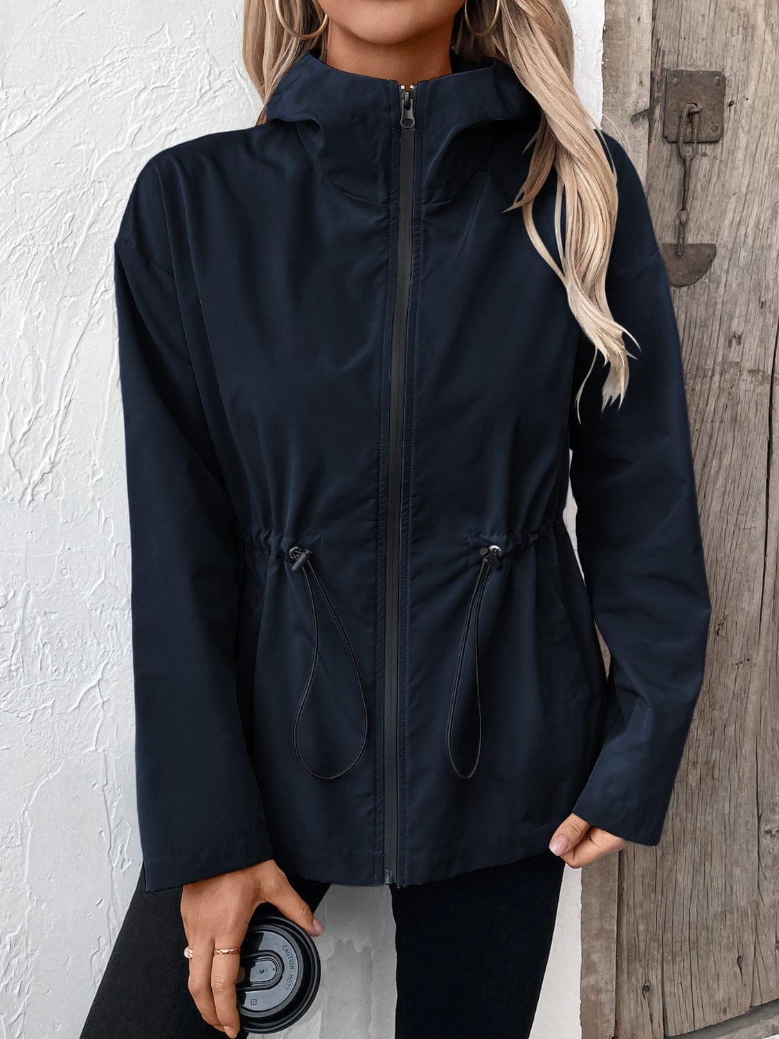 Trendsi Fall Navy / S Drawstring Zip Up Hooded Jacket Drawstring Zip Up Hooded Jacket