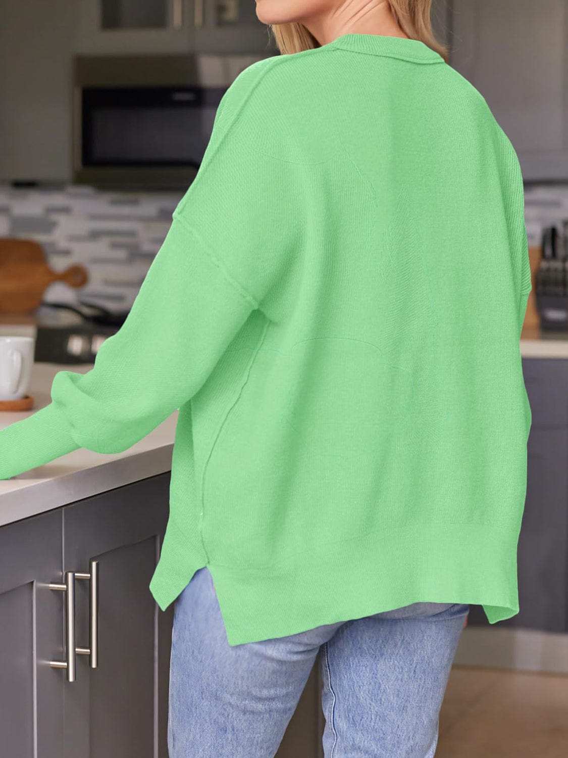 Trendsi Fall Neon Green / S Slit Round Neck Dropped Shoulder Sweater Slit Round Neck Dropped Shoulder Sweater