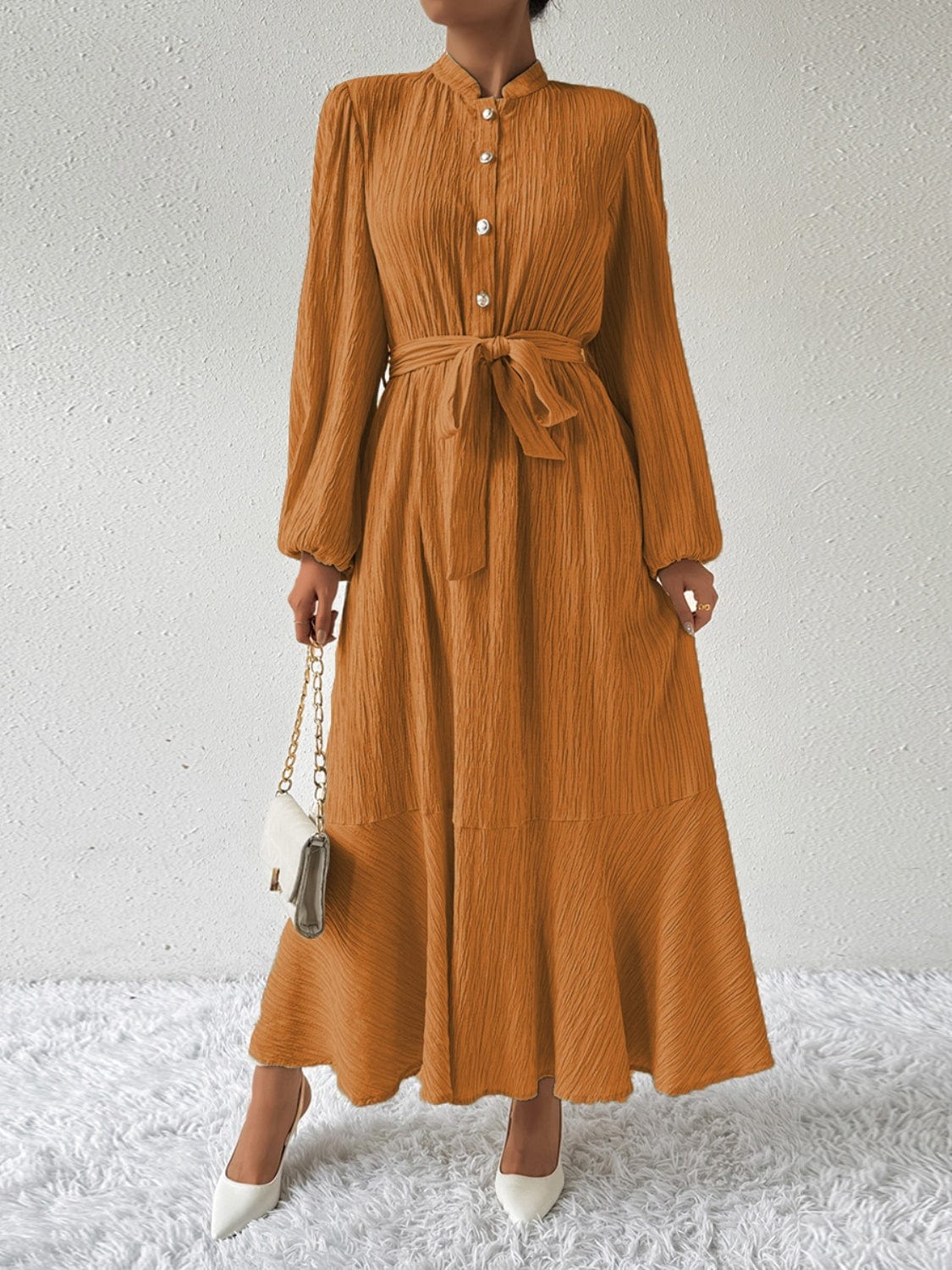 Trendsi Fall Ochre / S Tie Waist Long Sleeve Dress Tie Waist Long Sleeve Dress