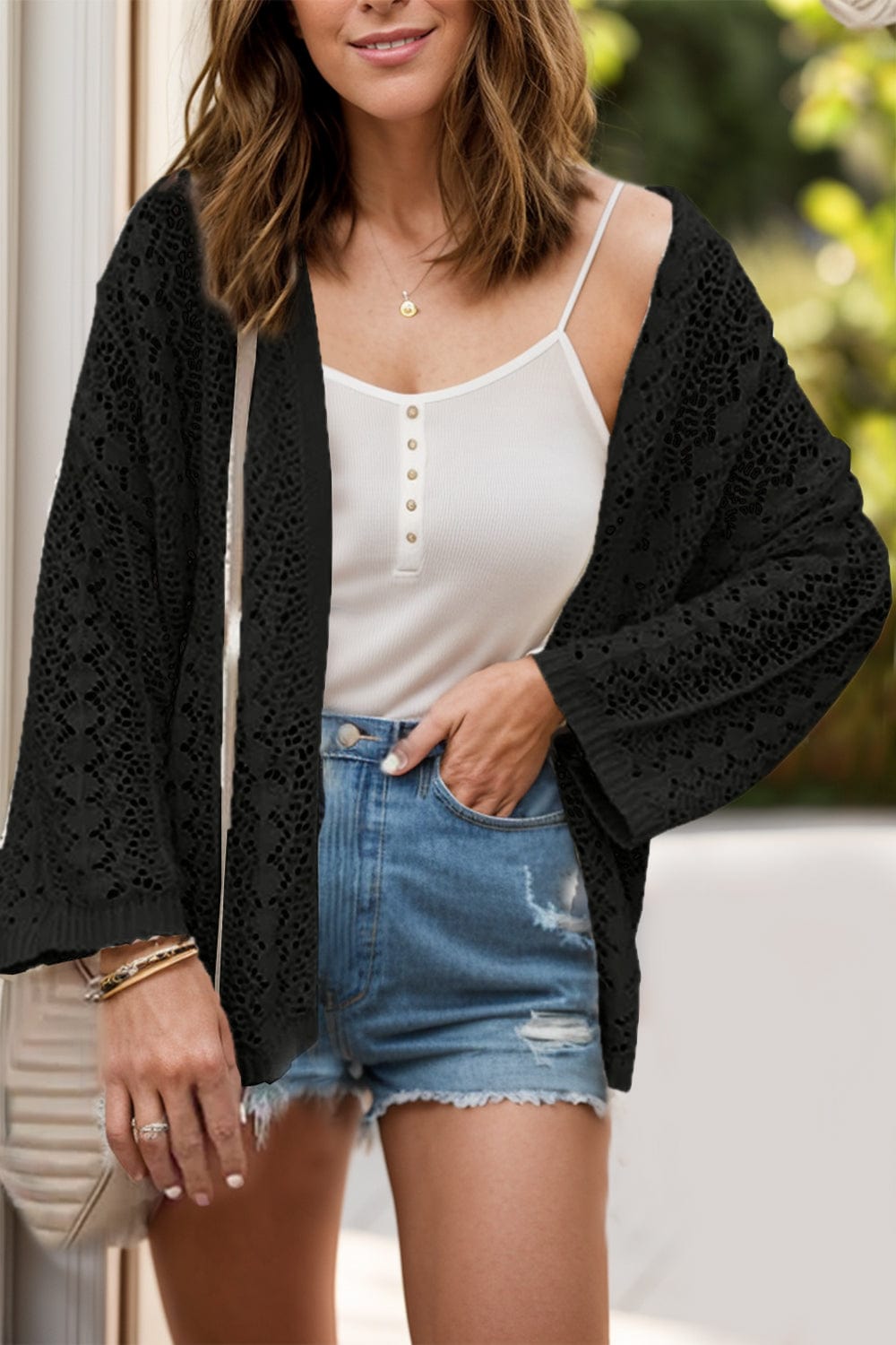 Trendsi Fall Openwork Open Front Dropped Shoulder Cardigan Openwork Open Front Dropped Shoulder Cardigan