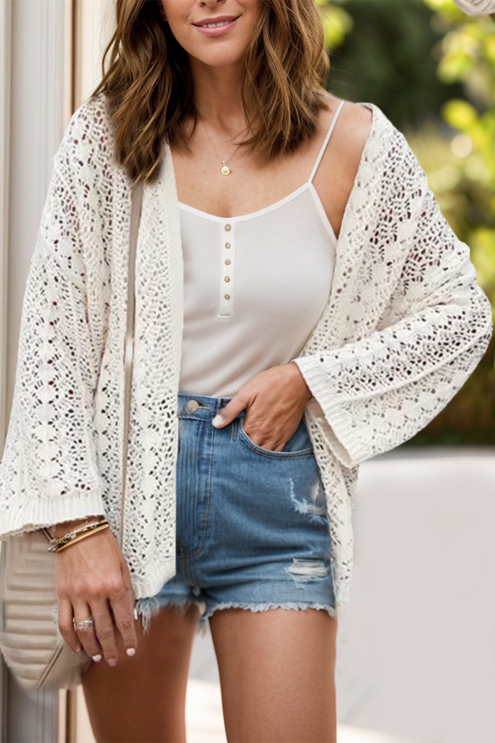 Trendsi Fall Openwork Open Front Dropped Shoulder Cardigan Openwork Open Front Dropped Shoulder Cardigan