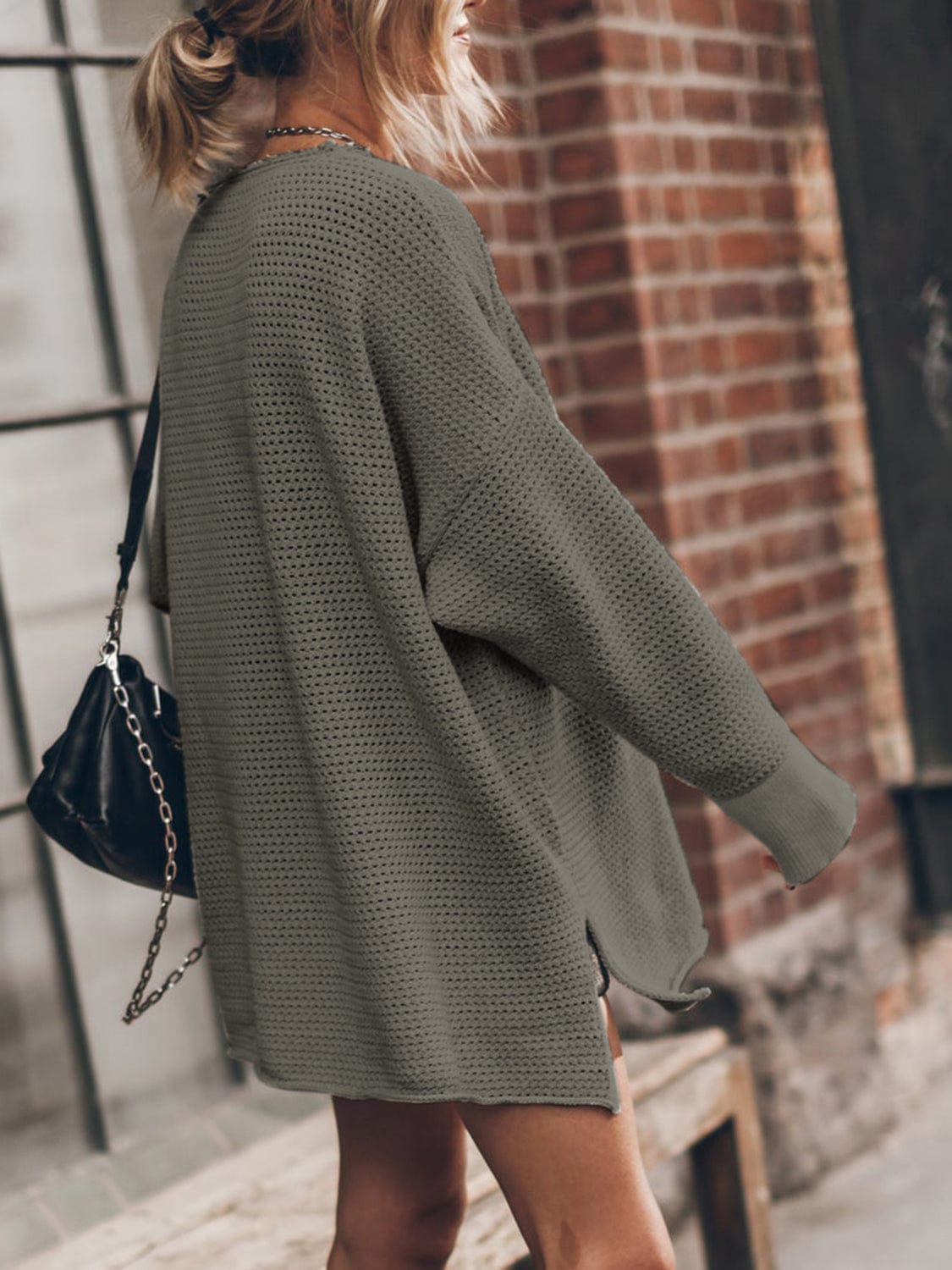 Trendsi Fall Openwork Round Neck Long Sleeve Slit Sweater Openwork Round Neck Long Sleeve Slit Sweater