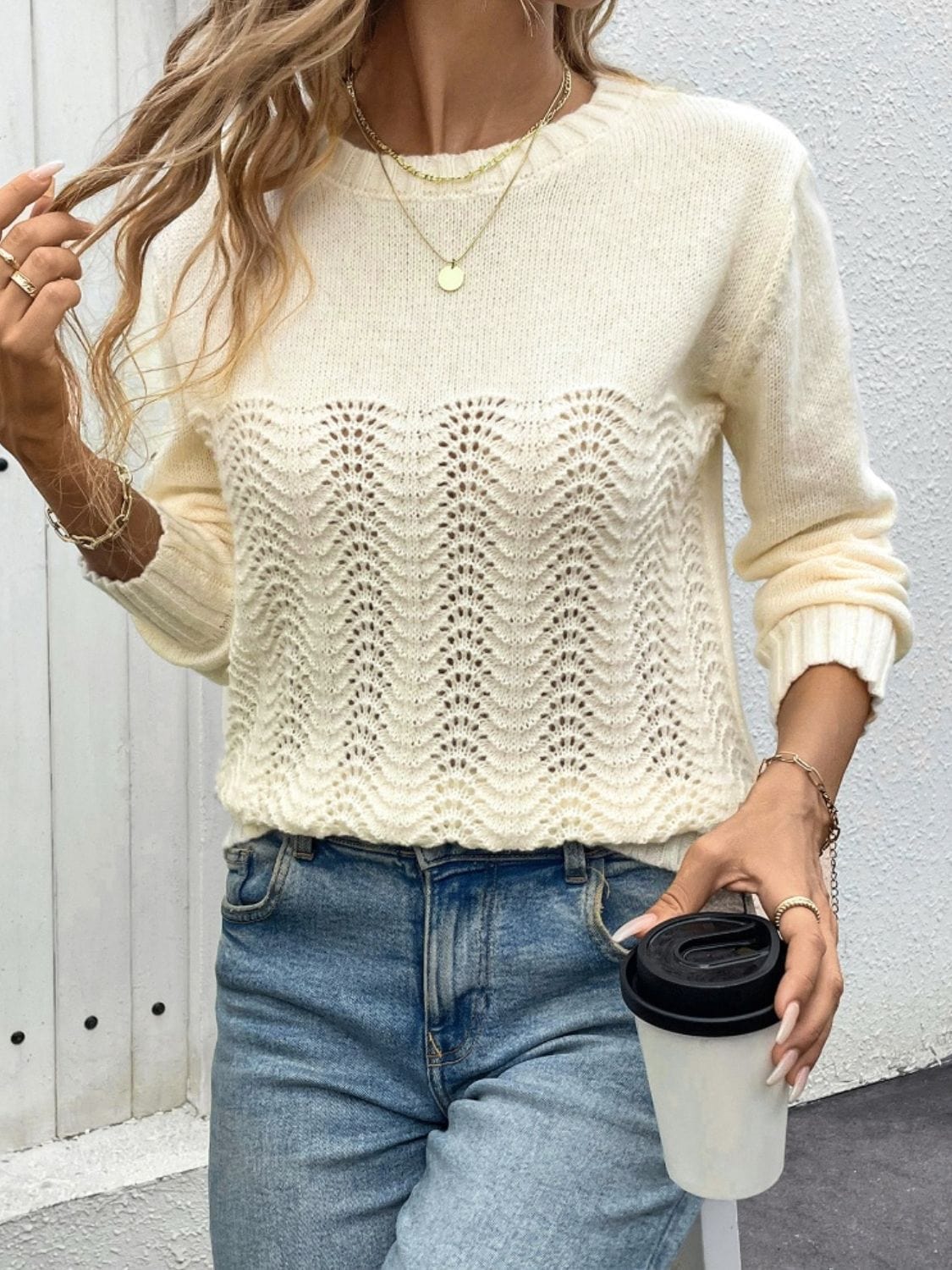 Trendsi Fall Openwork Round Neck Long Sleeve Sweater Openwork Round Neck Long Sleeve Sweater
