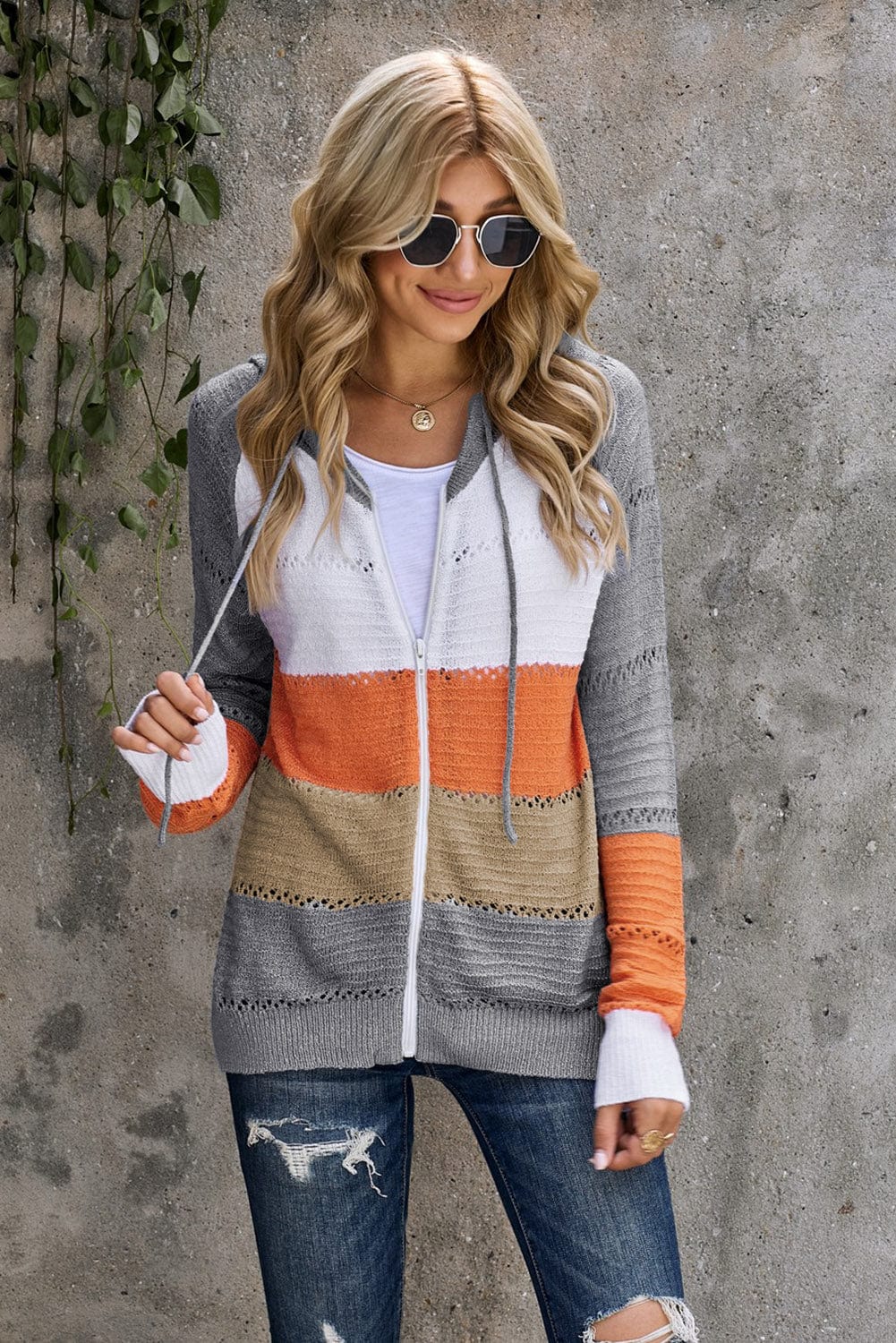 Trendsi Fall Orange/Gray / S Zip-Up Raglan Sleeve Openwork Hooded Cardigan Zip-Up Raglan Sleeve Openwork Hooded Cardigan