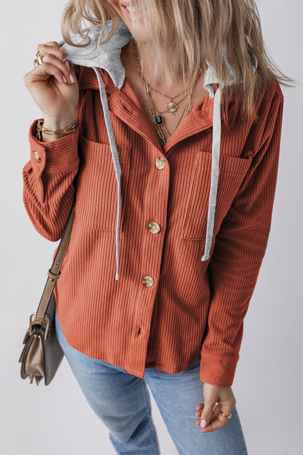 Trendsi Fall Orange-Red / S Drawstring Button Up Long Sleeve Hooded Jacket Drawstring Button Up Long Sleeve Hooded Jacket