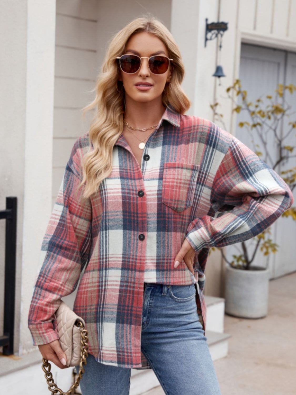 Trendsi Fall Orange-Red / S Pocketed Plaid Collared Neck Long Sleeve Shirt Pocketed Plaid Collared Neck Long Sleeve Shirt