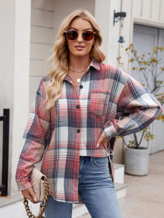 Trendsi Fall Orange-Red / S Pocketed Plaid Collared Neck Long Sleeve Shirt Pocketed Plaid Collared Neck Long Sleeve Shirt