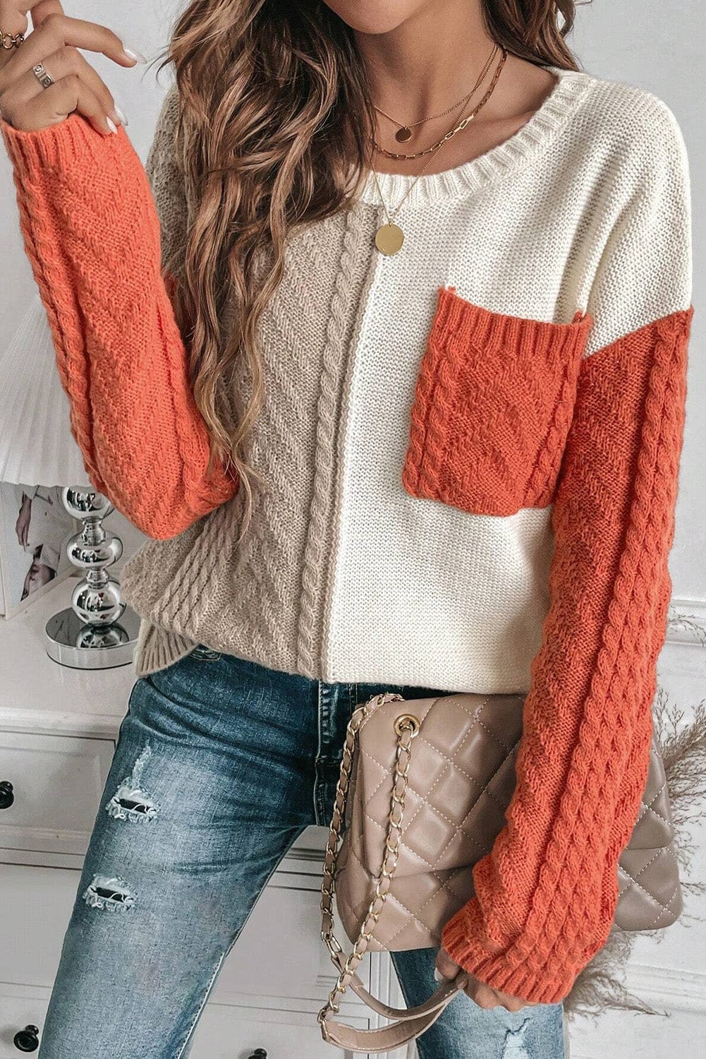Trendsi Fall Orange / S Color Block Round Neck Long Sleeve Sweater Color Block Round Neck Long Sleeve Sweater