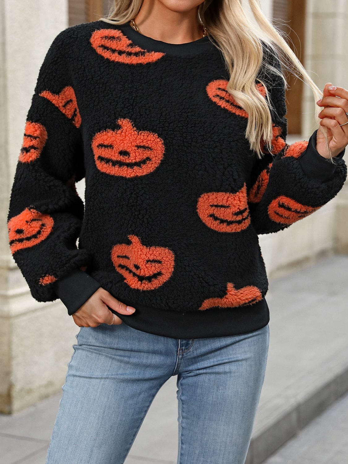 Trendsi Fall Orange / S Fuzzy Pumpkin Round Neck Dropped Shoulder Sweater Fuzzy Pumpkin Round Neck Dropped Shoulder Sweater