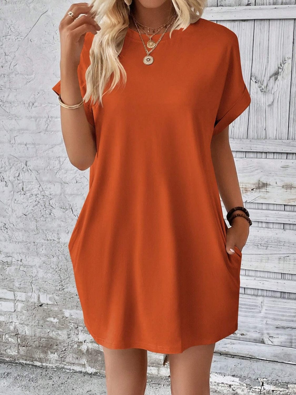 Trendsi Fall Orange / S Round Neck Short Sleeve Mini Dress Round Neck Short Sleeve Mini Dress