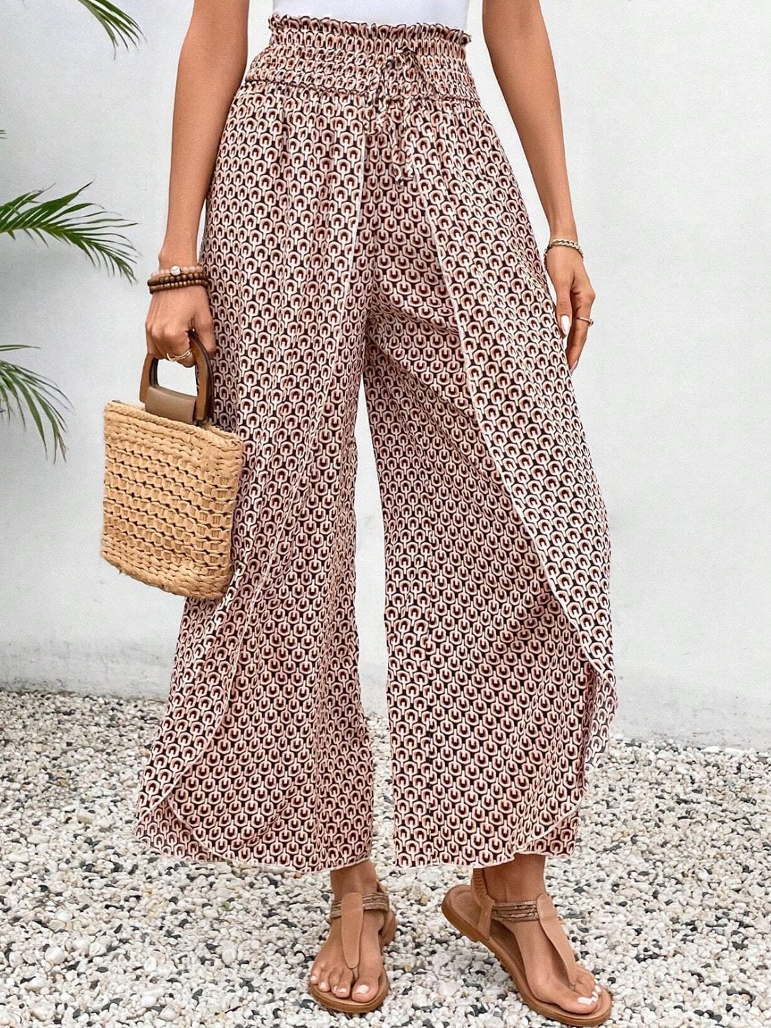 Trendsi Fall Pale Blush / S Tied Printed Wide Leg Pants Tied Printed Wide Leg Pants