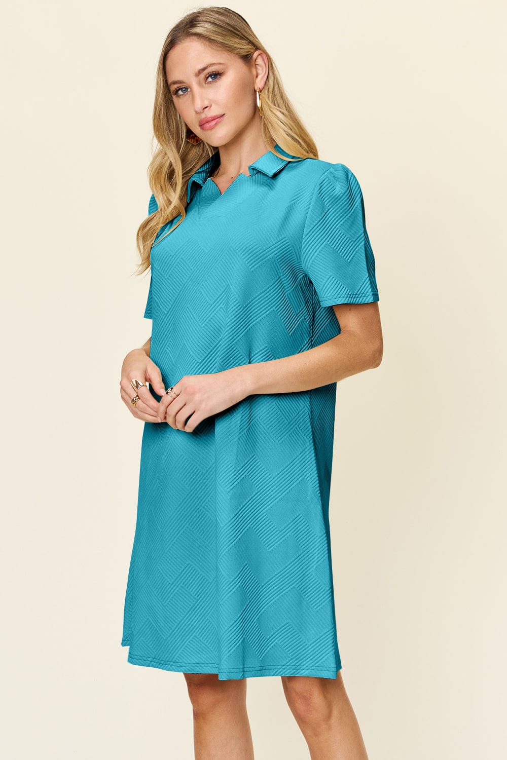 Trendsi Fall Pastel  Blue / S Double Take Full Size Texture Collared Neck Short Sleeve Dress Double Take Full Size Texture Collared Neck Short Sleeve Dress