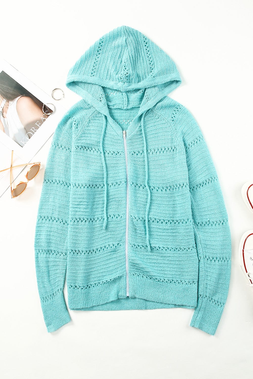 Trendsi Fall Pastel  Blue / S Zip-Up Raglan Sleeve Openwork Hooded Cardigan Zip-Up Raglan Sleeve Openwork Hooded Cardigan