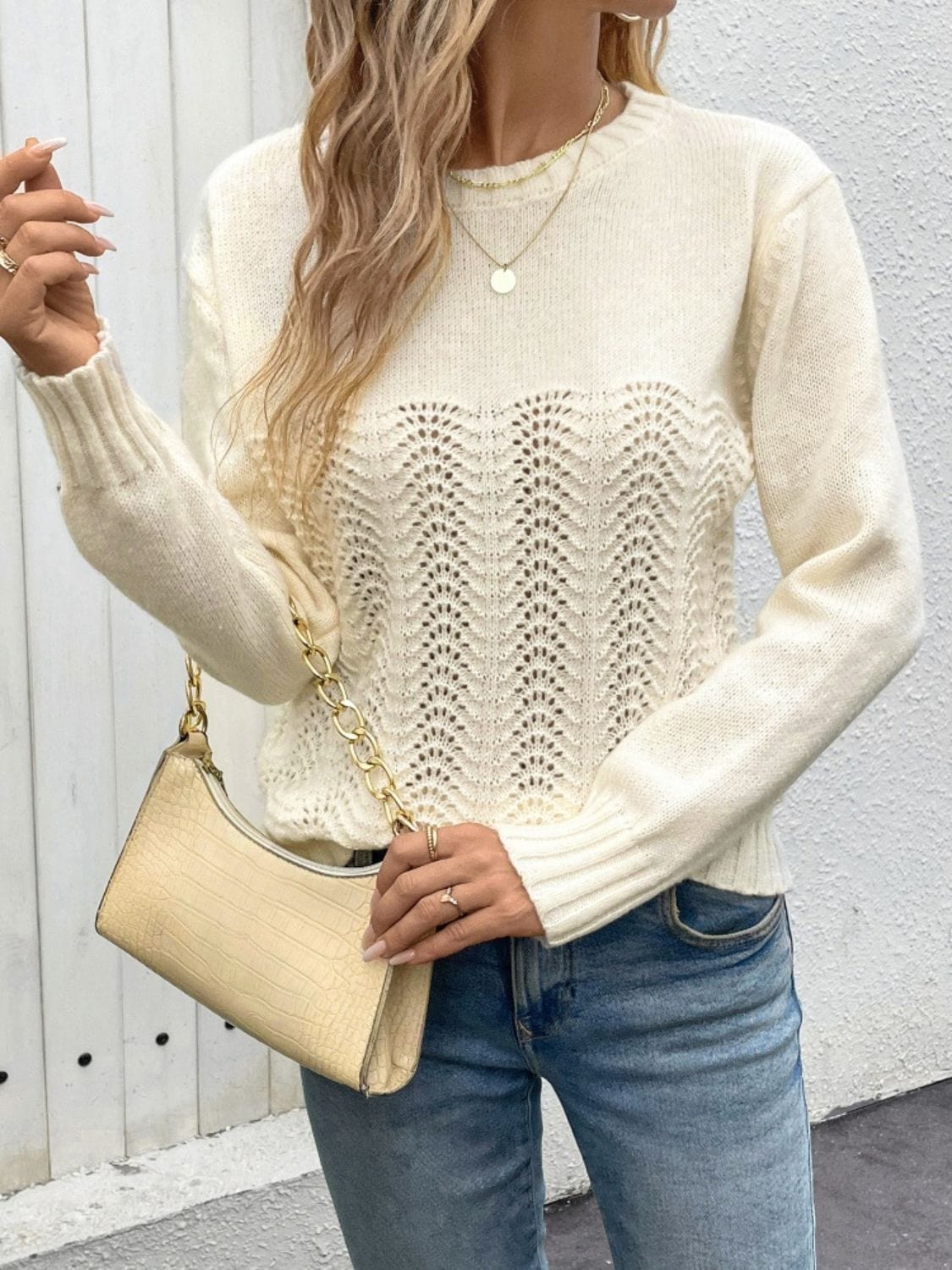 Trendsi Fall Pastel Yellow / S Openwork Round Neck Long Sleeve Sweater Openwork Round Neck Long Sleeve Sweater