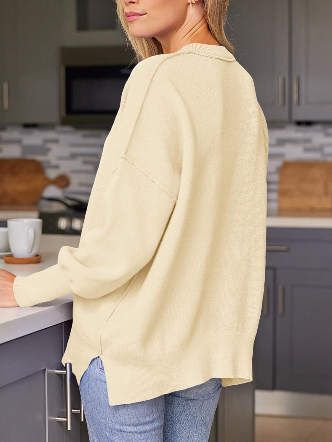Trendsi Fall Pastel Yellow / S Slit Round Neck Dropped Shoulder Sweater Slit Round Neck Dropped Shoulder Sweater