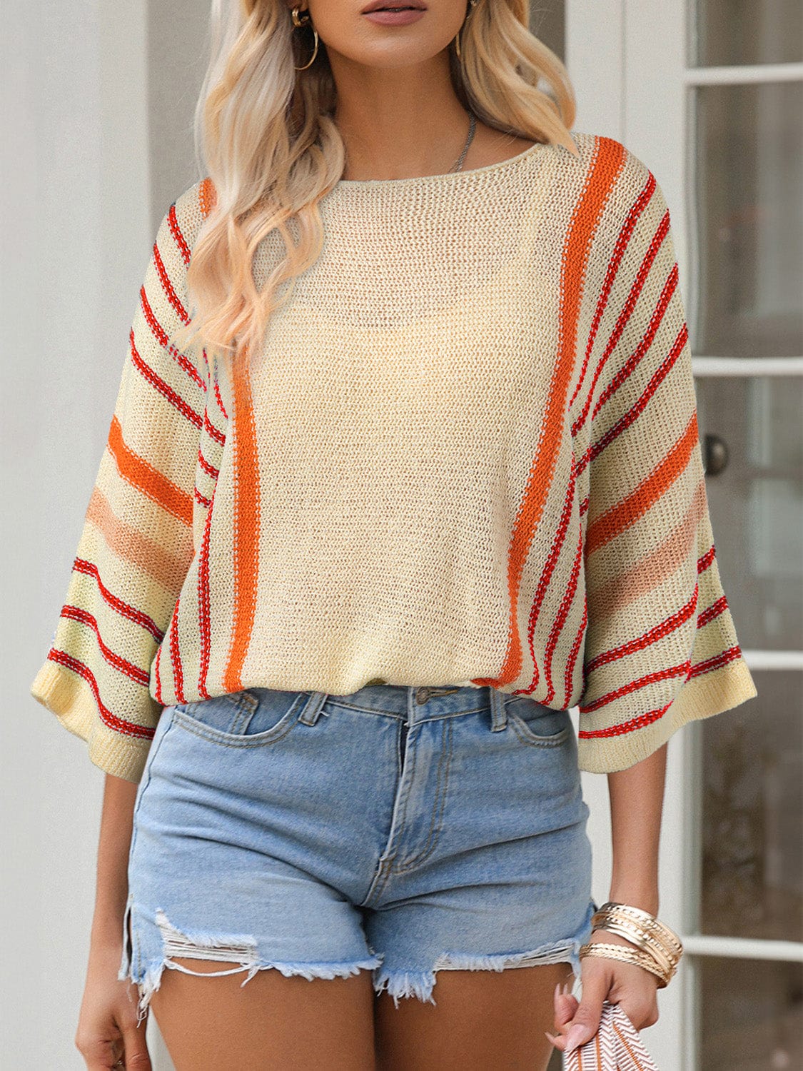 Trendsi Fall Pastel Yellow / S Striped Boat Neck Three-Quarter Sleeve Knit Top Striped Boat Neck Three-Quarter Sleeve Knit Top