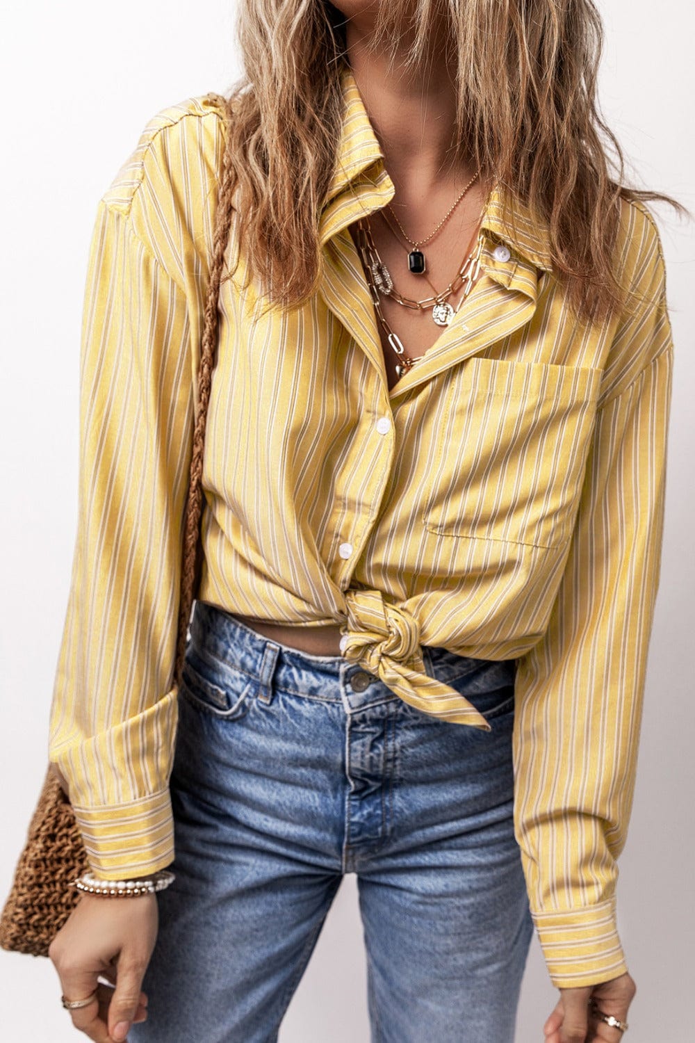 Trendsi Fall Pastel Yellow / S Striped Button Up Long Sleeve Shirt Striped Button Up Long Sleeve Shirt