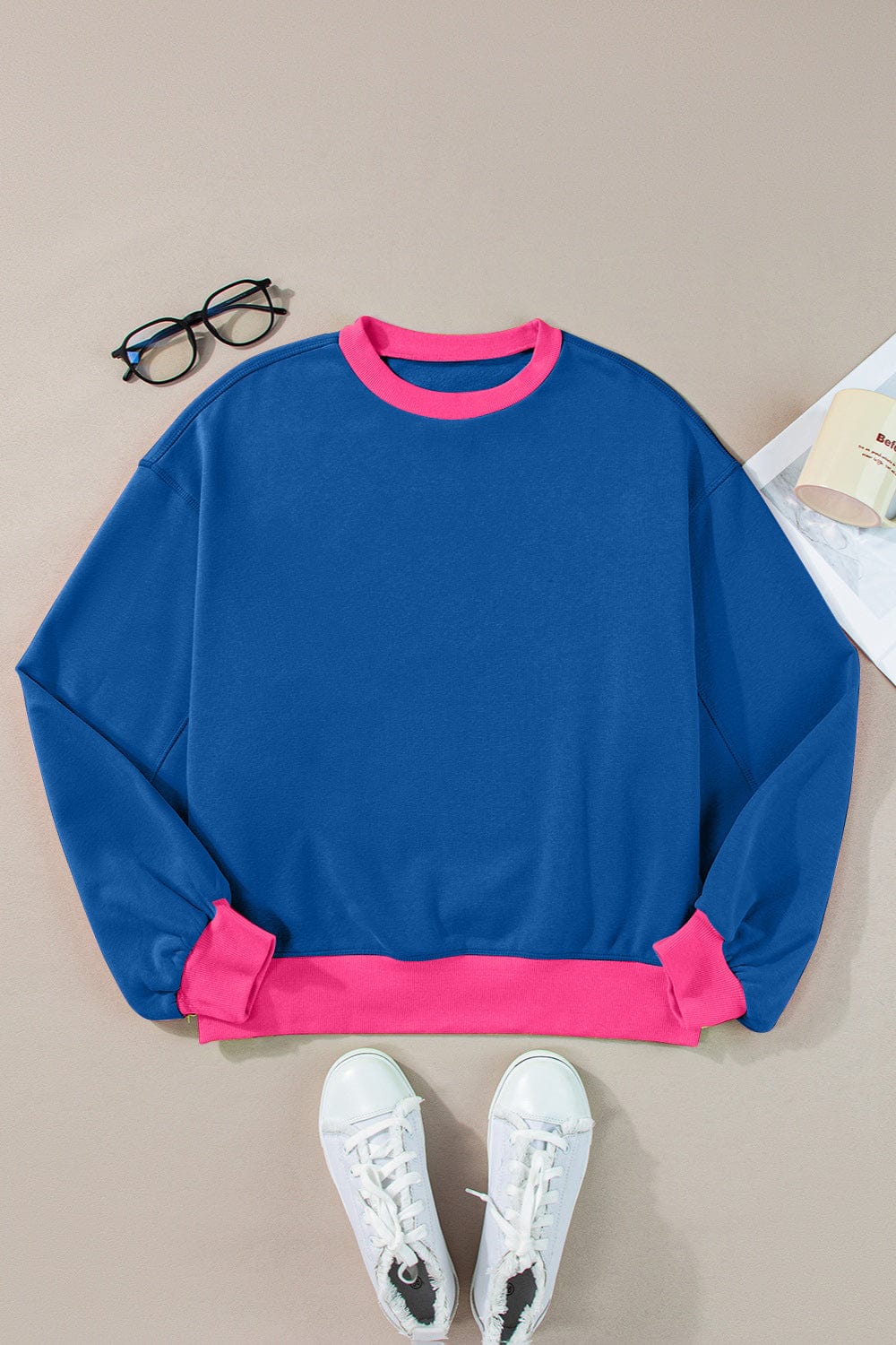Trendsi Fall Peacock  Blue / S Contrast Round Neck Long Sleeve Sweatshirt Contrast Round Neck Long Sleeve Sweatshirt