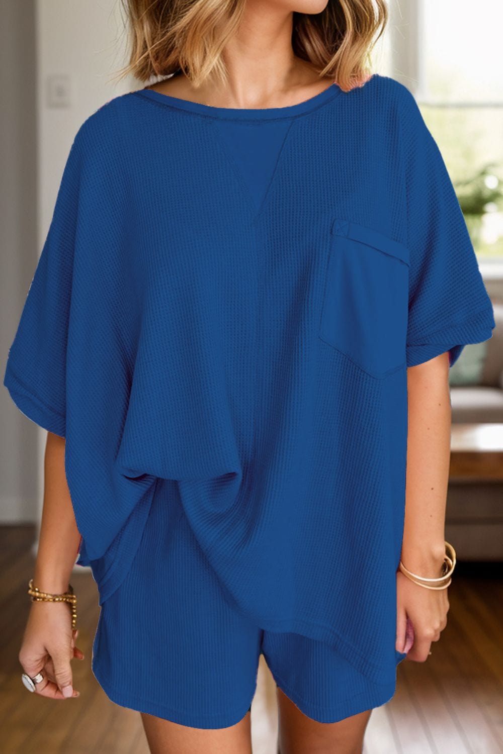 Trendsi Fall Peacock  Blue / S Waffle-Knit Half Sleeve Top and Shorts Set Waffle-Knit Half Sleeve Top and Shorts Set