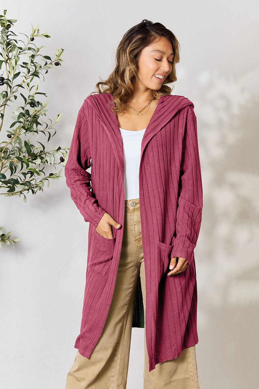 Trendsi Fall Pink / S Basic Bae Full Size Hooded Sweater Cardigan Basic Bae Full Size Hooded Sweater Cardigan