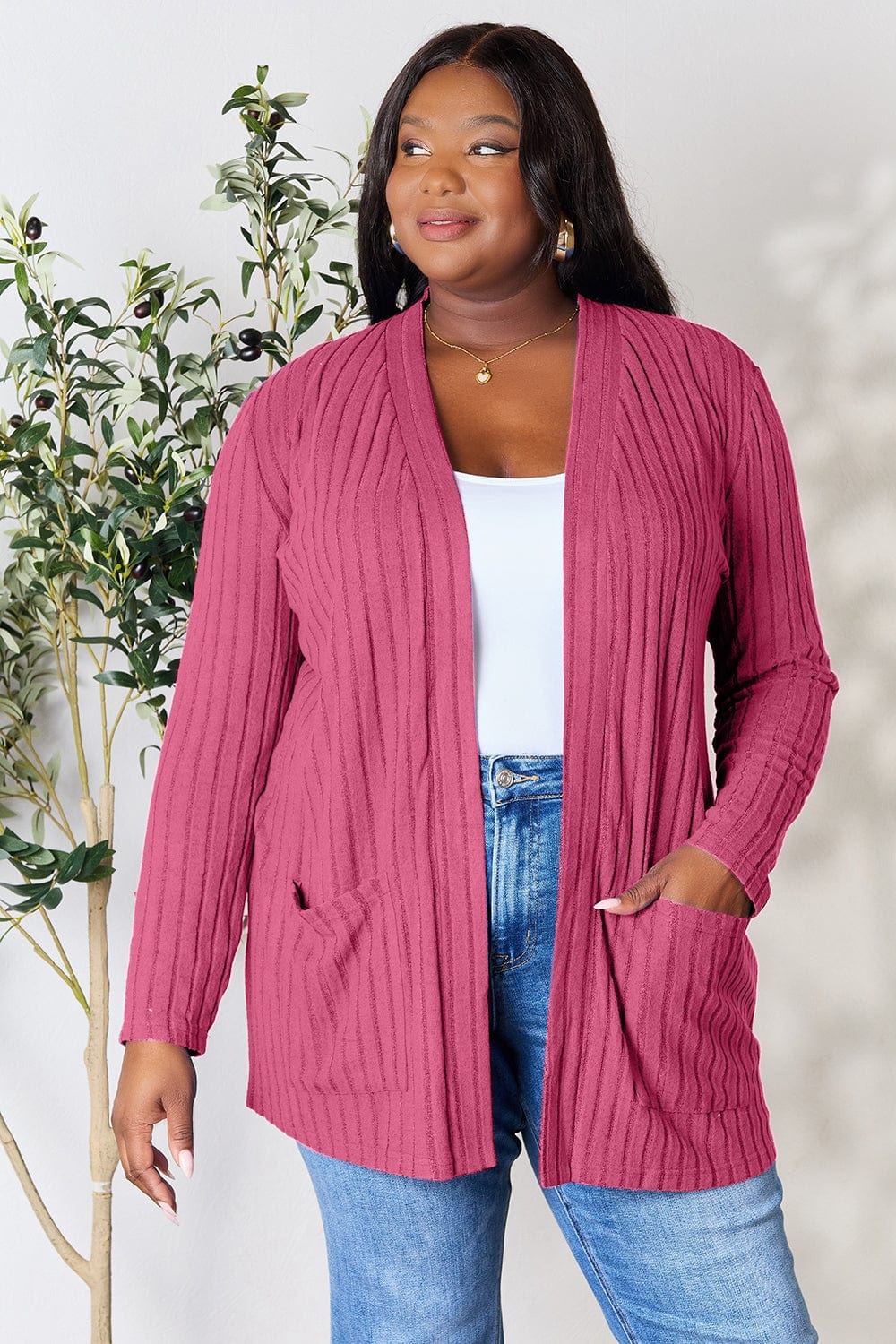 Trendsi Fall Pink / S Basic Bae Full Size Ribbed Open Front Cardigan with Pockets Basic Bae Full Size Ribbed Open Front Cardigan with Pockets