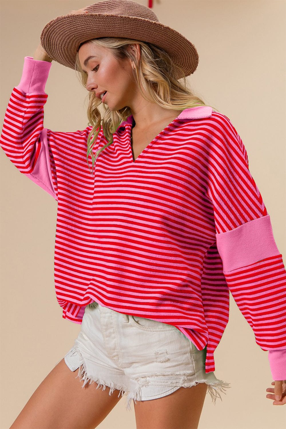 Trendsi Fall Pink / S BiBi Striped Contrast Long Sleeve Knit Top BiBi Striped Contrast Long Sleeve Knit Top