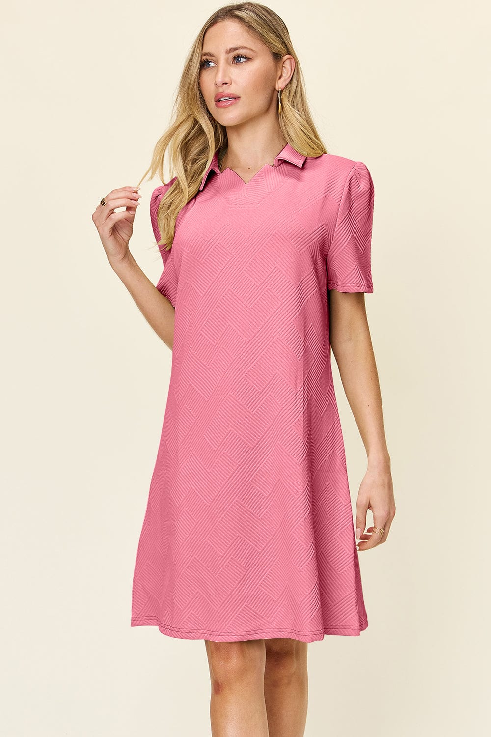 Trendsi Fall Pink / S Double Take Full Size Texture Collared Neck Short Sleeve Dress Double Take Full Size Texture Collared Neck Short Sleeve Dress