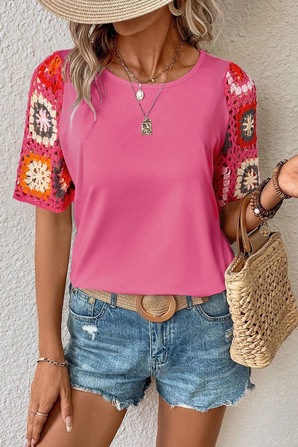 Trendsi Fall Pink / S Geometric Round Neck Short Sleeve Blouse Geometric Round Neck Short Sleeve Blouse