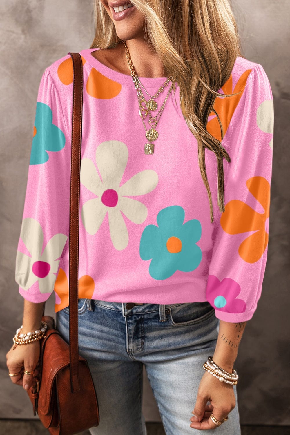 Trendsi Fall Pink / S Printed Round Neck Top Printed Round Neck Top
