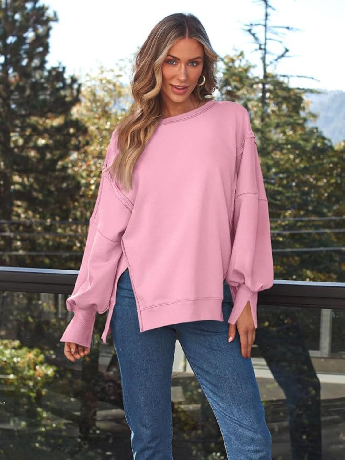 Trendsi Fall Pink / S Slit Round Neck Long Sleeve Sweatshirt Slit Round Neck Long Sleeve Sweatshirt