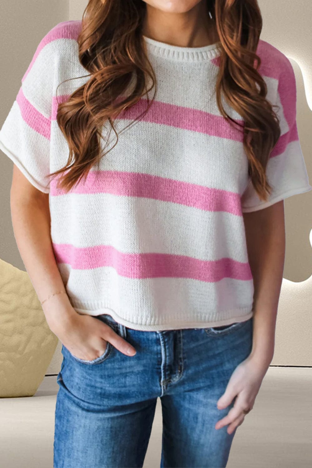 Trendsi Fall Pink / S Striped Round Neck Short Sleeve Knit Top Striped Round Neck Short Sleeve Knit Top
