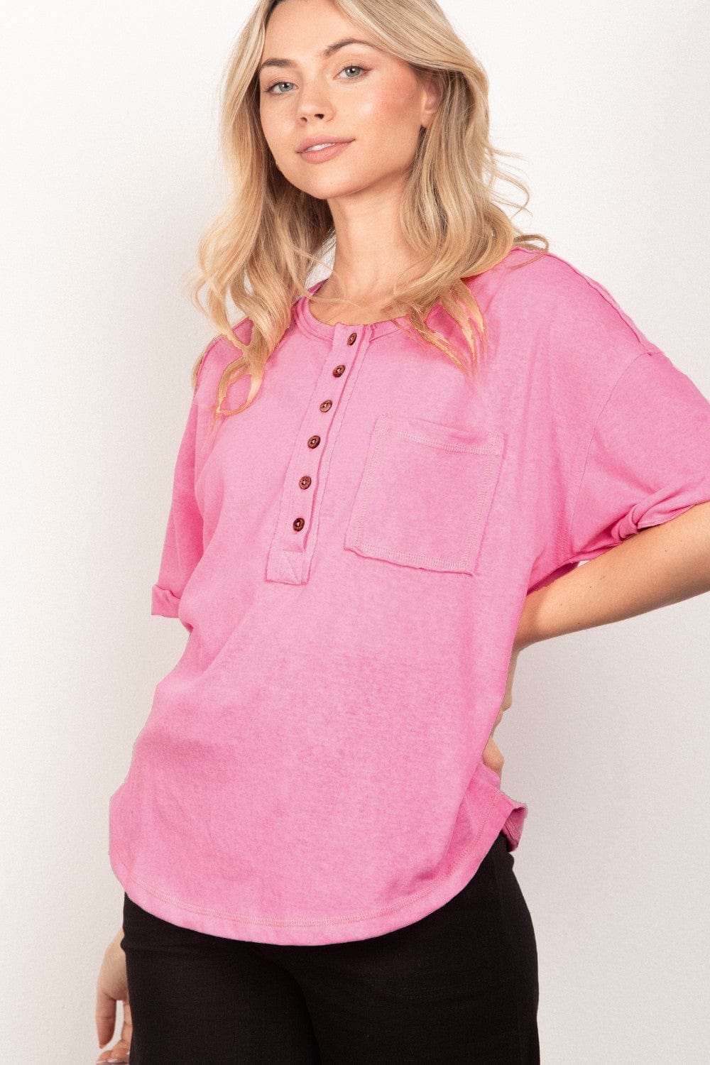 Trendsi Fall Pink / S VERY J Twisted Sleeve Band Half Button Top VERY J Twisted Sleeve Band Half Button Top