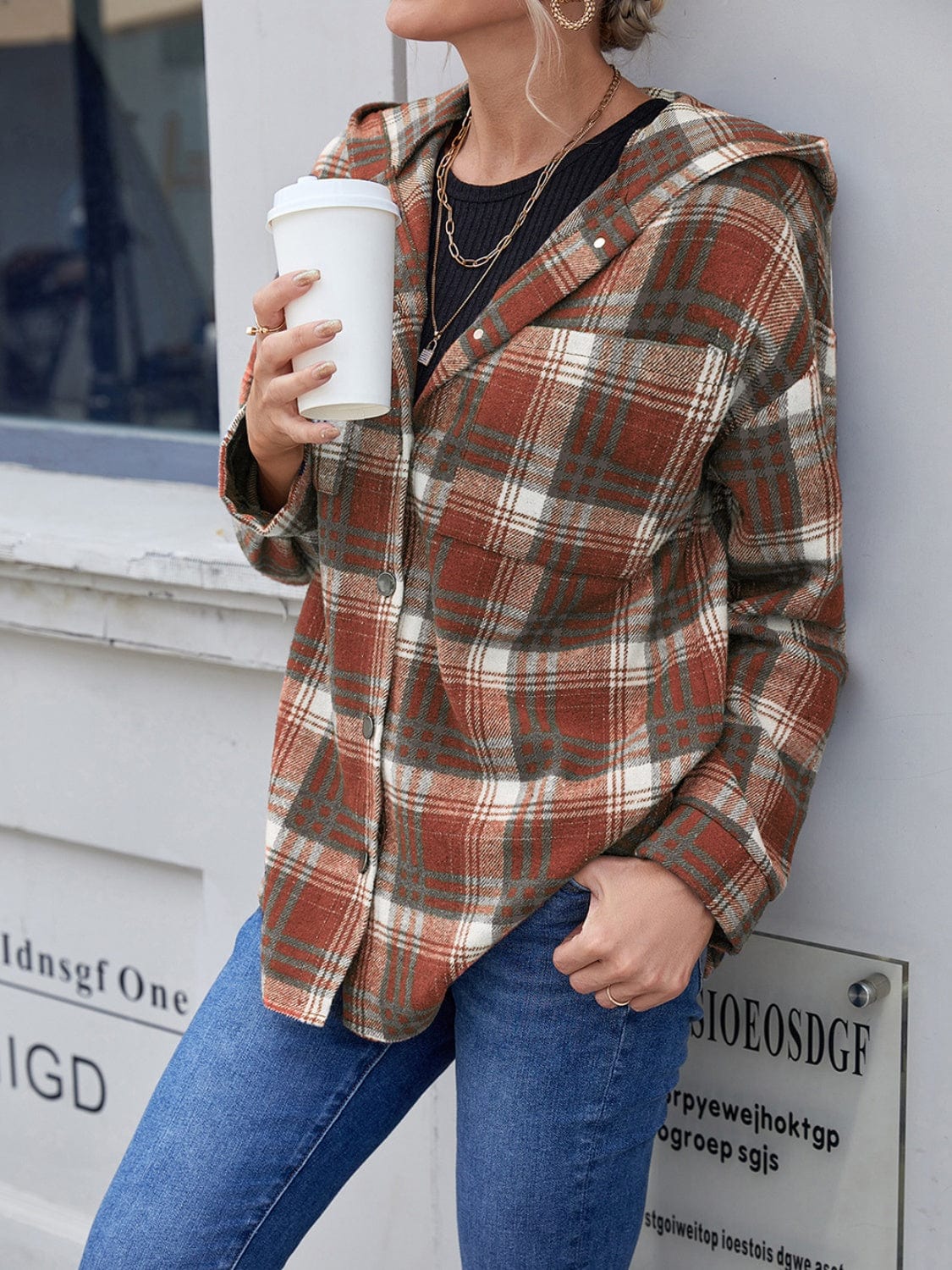 Trendsi Fall Plaid Button Up Long Sleeve Hooded Jacket Plaid Button Up Long Sleeve Hooded Jacket