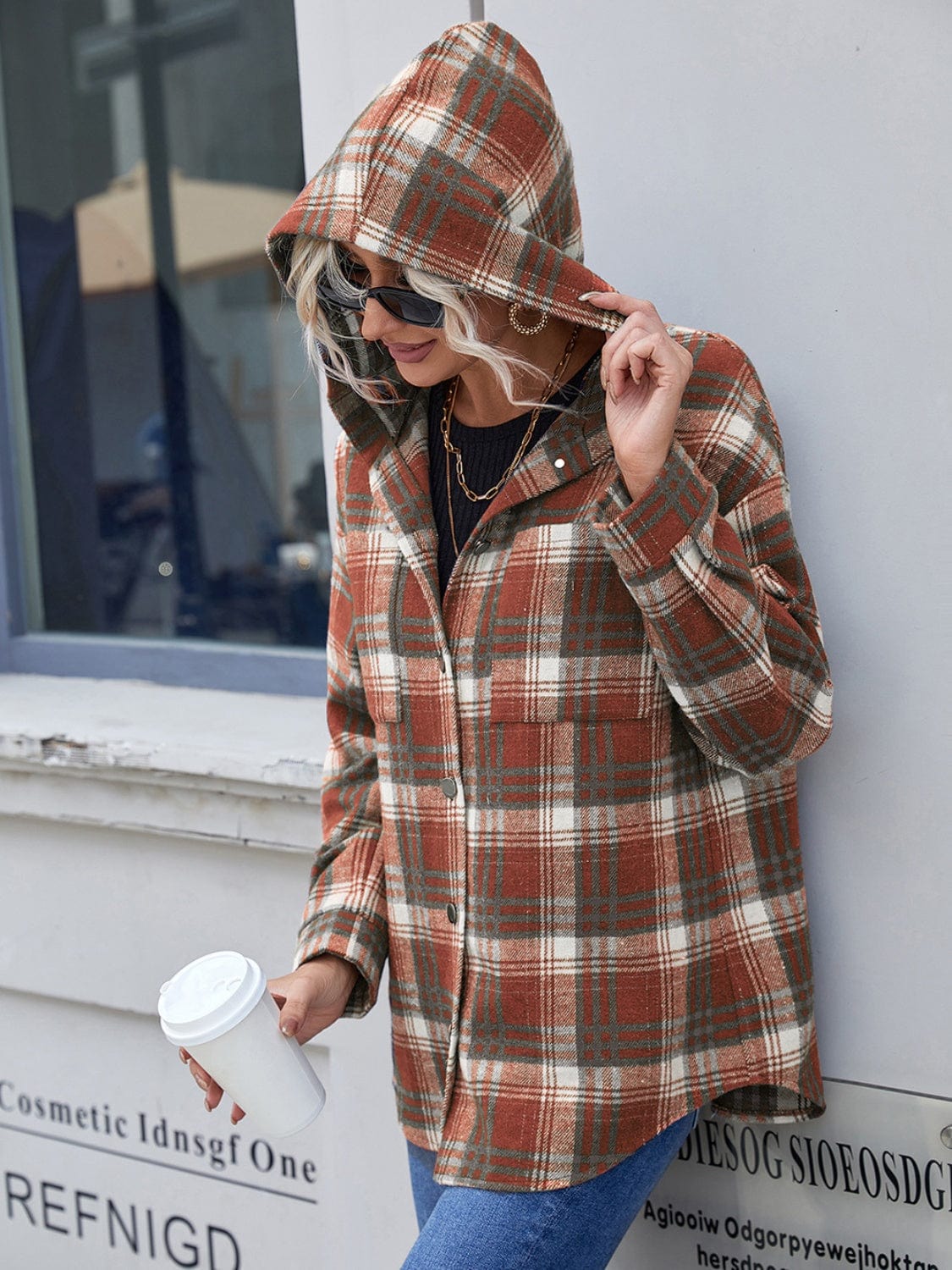 Trendsi Fall Plaid Button Up Long Sleeve Hooded Jacket Plaid Button Up Long Sleeve Hooded Jacket