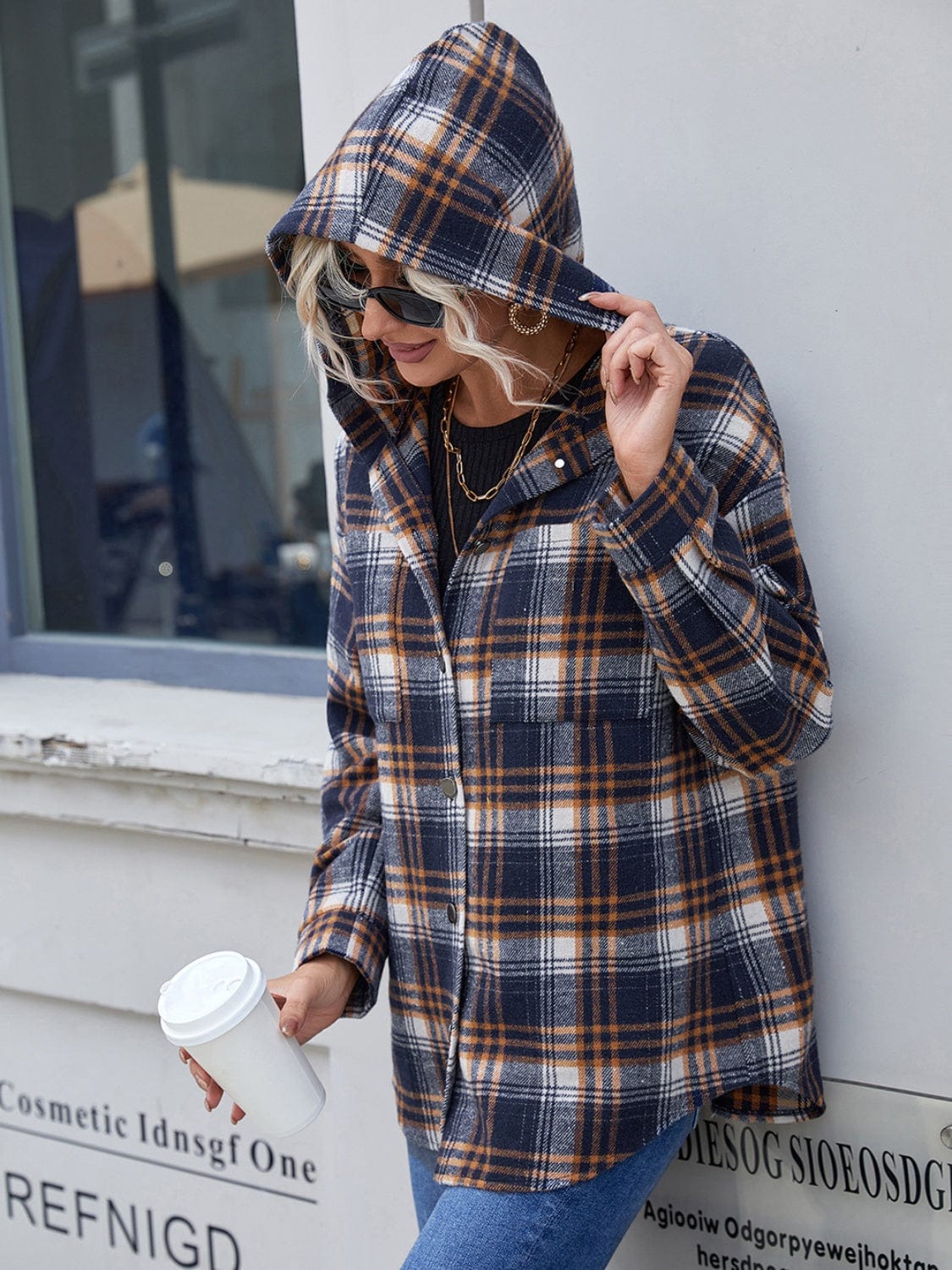 Trendsi Fall Plaid Button Up Long Sleeve Hooded Jacket Plaid Button Up Long Sleeve Hooded Jacket