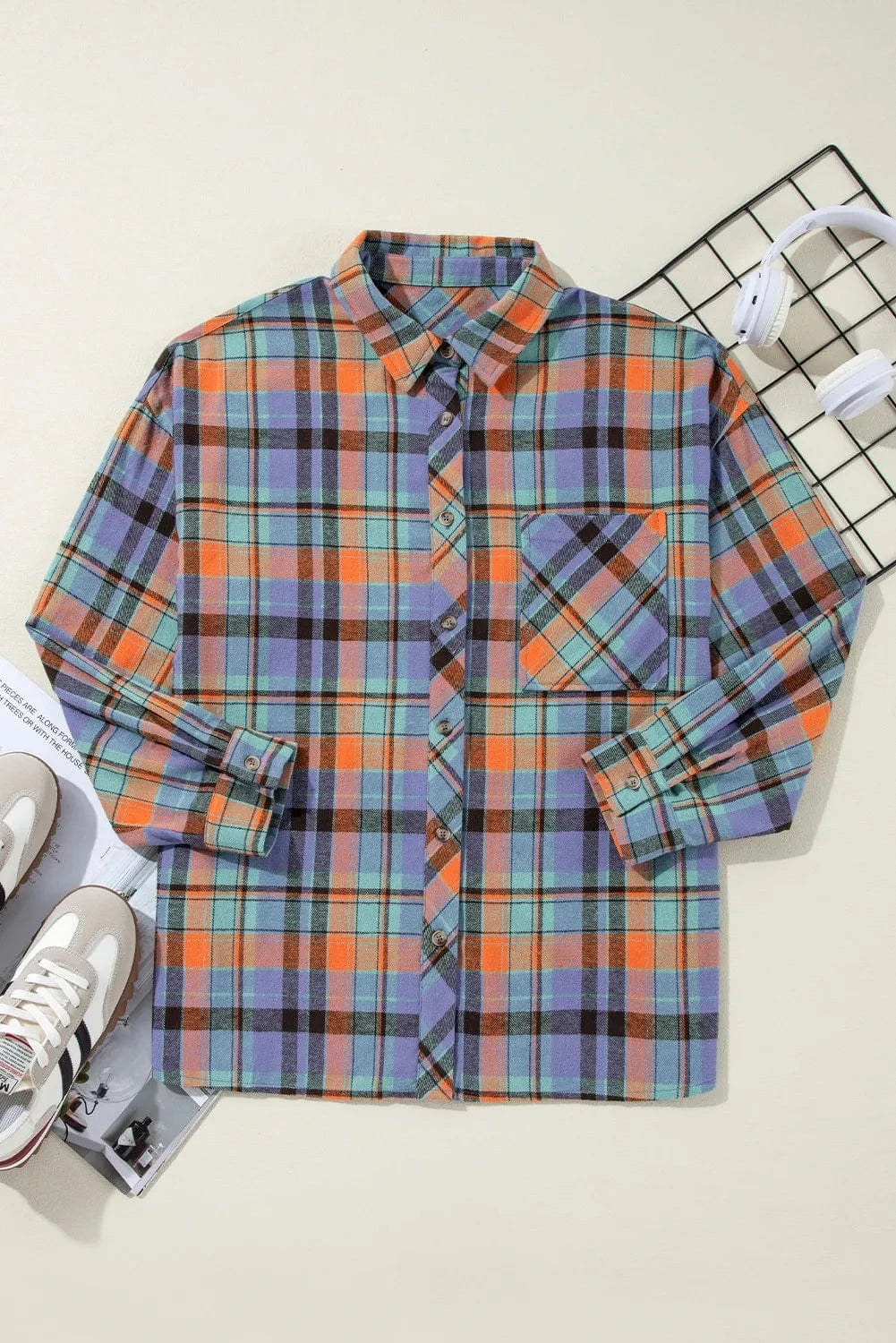 Trendsi Fall Plaid Collared Neck Long Sleeve Shirt Plaid Collared Neck Long Sleeve Shirt