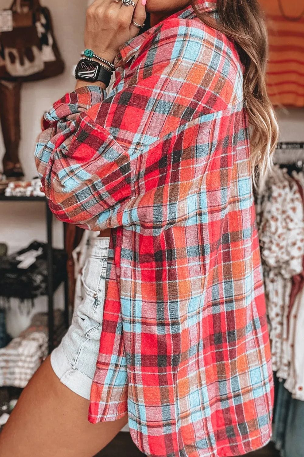 Trendsi Fall Plaid Collared Neck Long Sleeve Shirt Plaid Collared Neck Long Sleeve Shirt