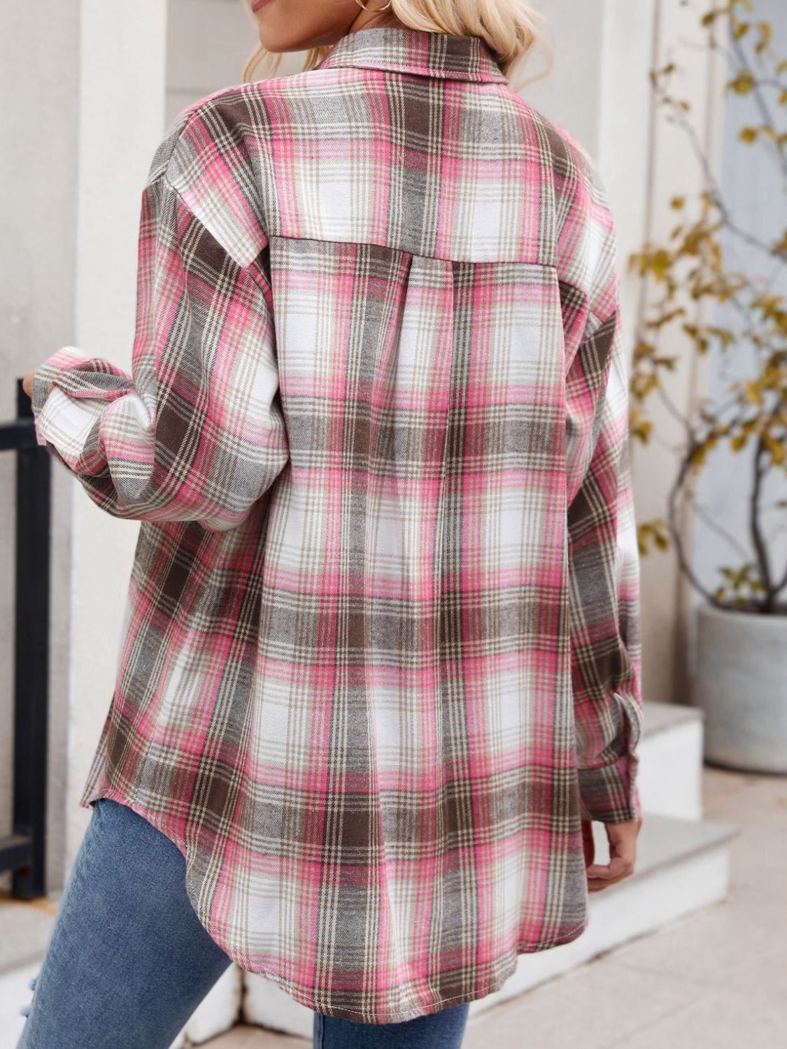 Trendsi Fall Plaid Collared Neck Long Sleeve Shirt Plaid Collared Neck Long Sleeve Shirt