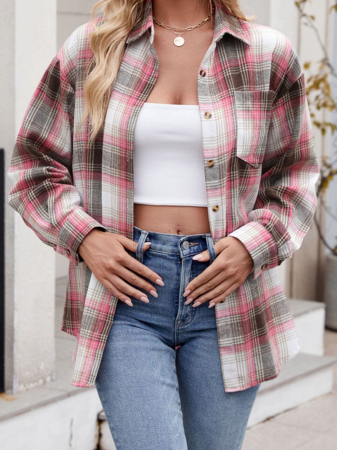 Trendsi Fall Plaid Collared Neck Long Sleeve Shirt Plaid Collared Neck Long Sleeve Shirt