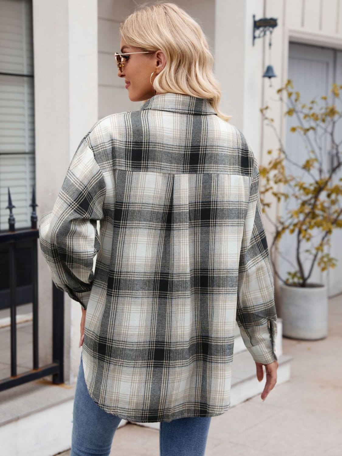 Trendsi Fall Plaid Collared Neck Long Sleeve Shirt Plaid Collared Neck Long Sleeve Shirt