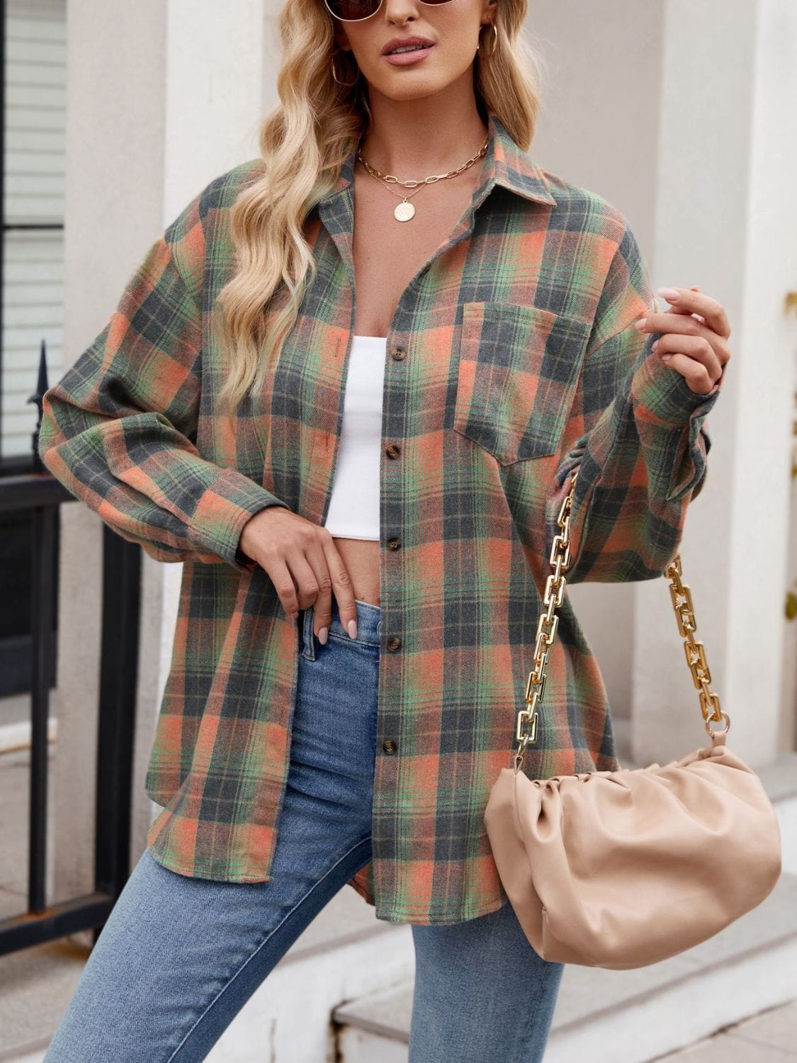 Trendsi Fall Plaid Collared Neck Long Sleeve Shirt Plaid Collared Neck Long Sleeve Shirt