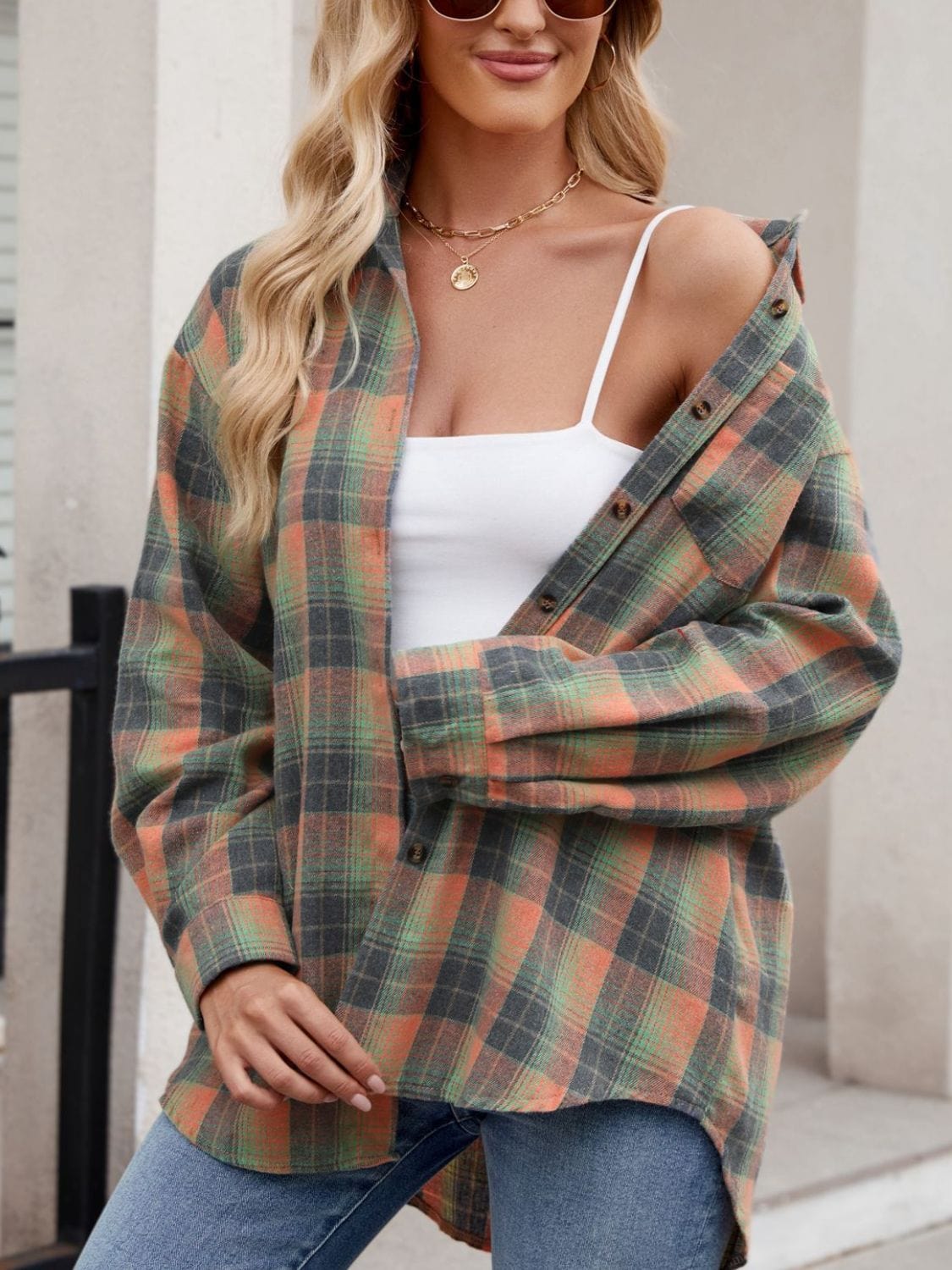 Trendsi Fall Plaid Collared Neck Long Sleeve Shirt Plaid Collared Neck Long Sleeve Shirt