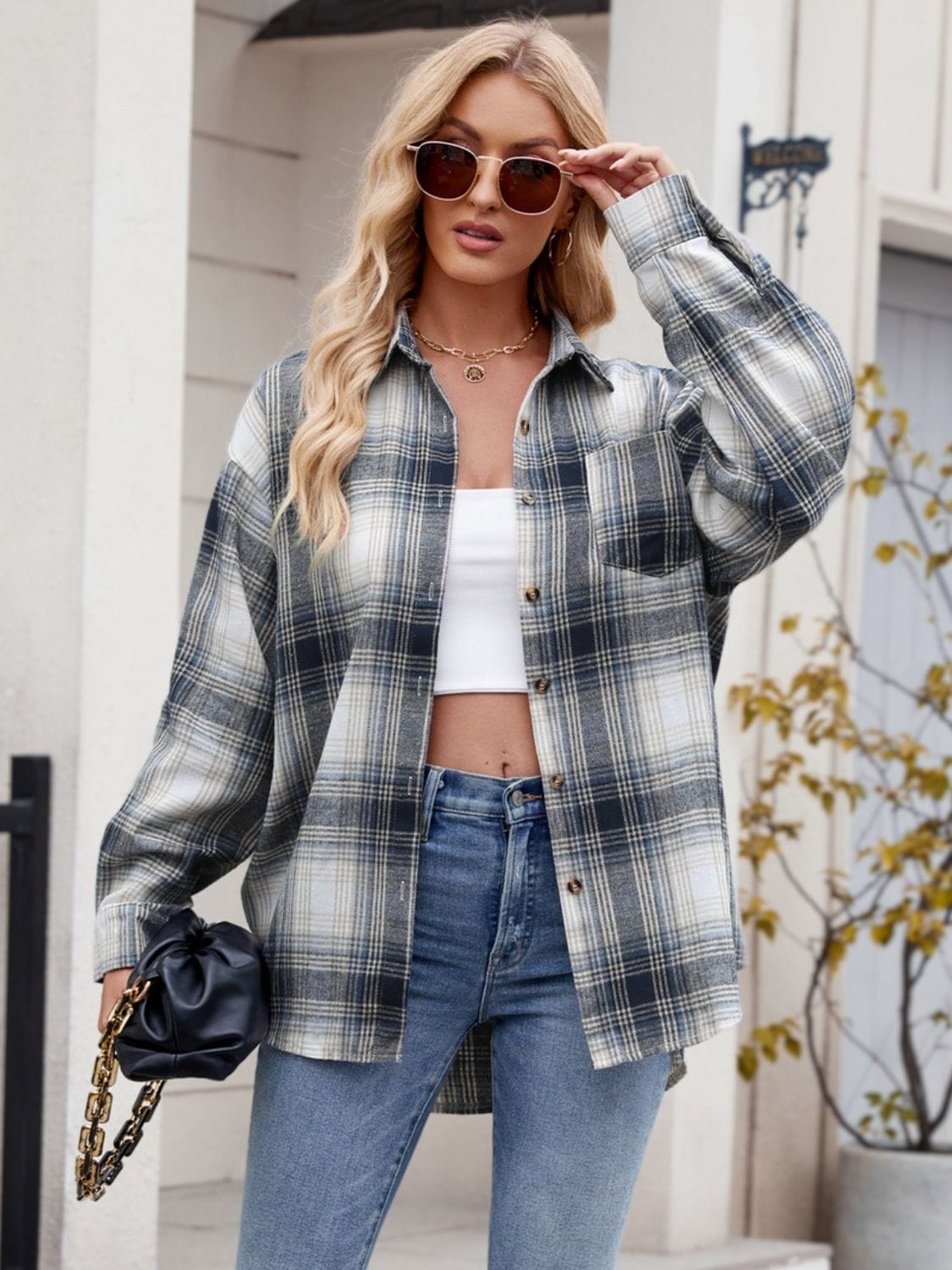 Trendsi Fall Plaid Collared Neck Long Sleeve Shirt Plaid Collared Neck Long Sleeve Shirt