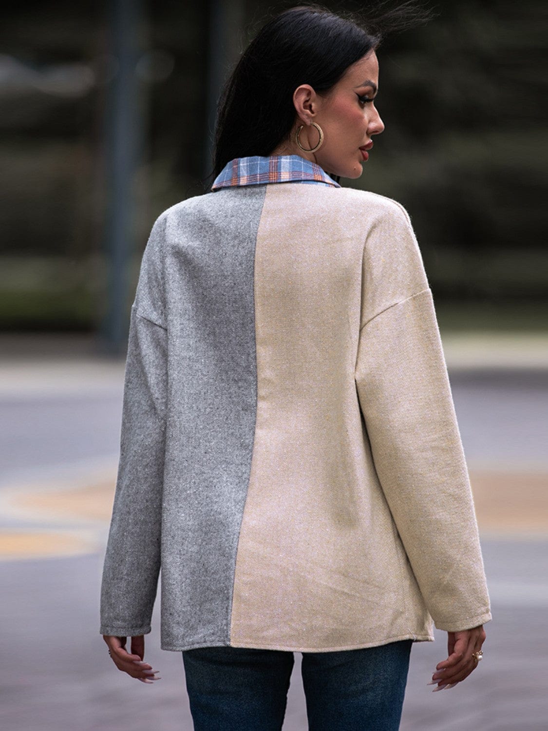 Trendsi Fall Plaid Contrast Drop Shoulder Shacket Plaid Contrast Drop Shoulder Shacket