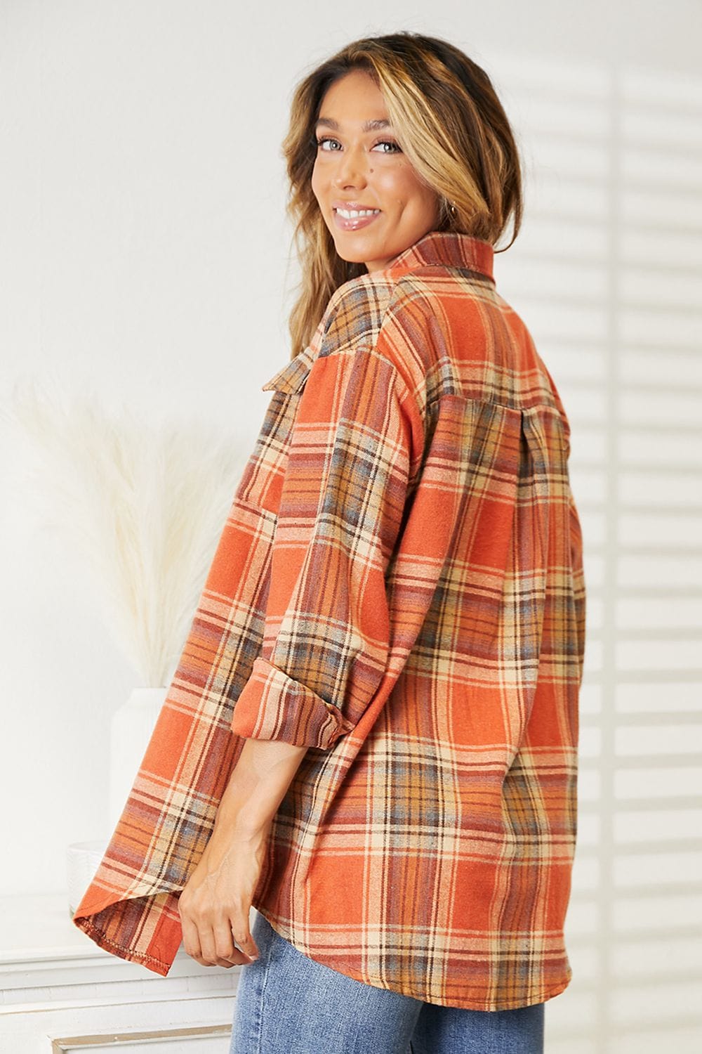 Trendsi Fall Plaid Dropped Shoulder Shirt Plaid Dropped Shoulder Shirt